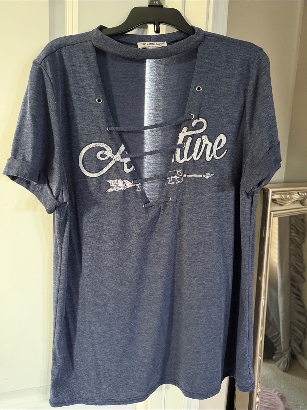 Fashion Nova Blue Short Sleeve Lace-Up Graphic Tee